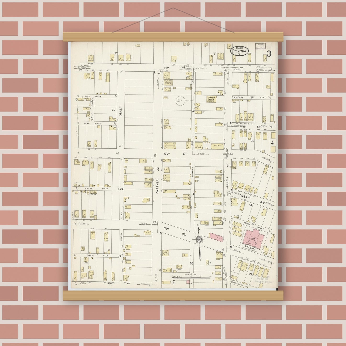 Old map wall art mockup — magnetic wood frame on brick wall — Sanborn Fire Insurance Map from Donora, Washington County, Pennsylvania (1914), Sheet #0003