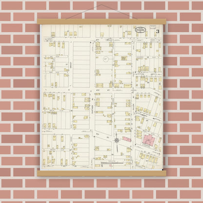 Old map wall art mockup — magnetic wood frame on brick wall — Sanborn Fire Insurance Map from Donora, Washington County, Pennsylvania (1914), Sheet #0003