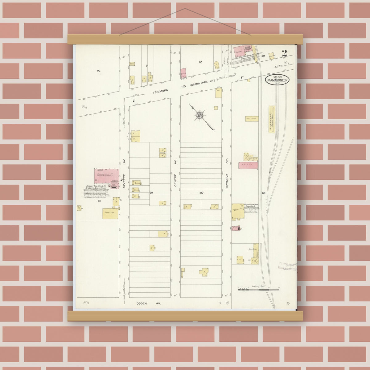 Old map wall art mockup — magnetic wood frame on brick wall — Sanborn Fire Insurance Map from Mamaroneck, Westchester County, New York (1912) - Complete Map Set