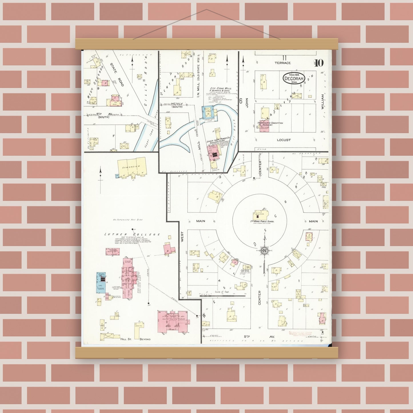 Old map wall art mockup — magnetic wood frame on brick wall — Sanborn Fire Insurance Map from Decorah, Winneshiek County, Iowa (1914), Sheet #0010