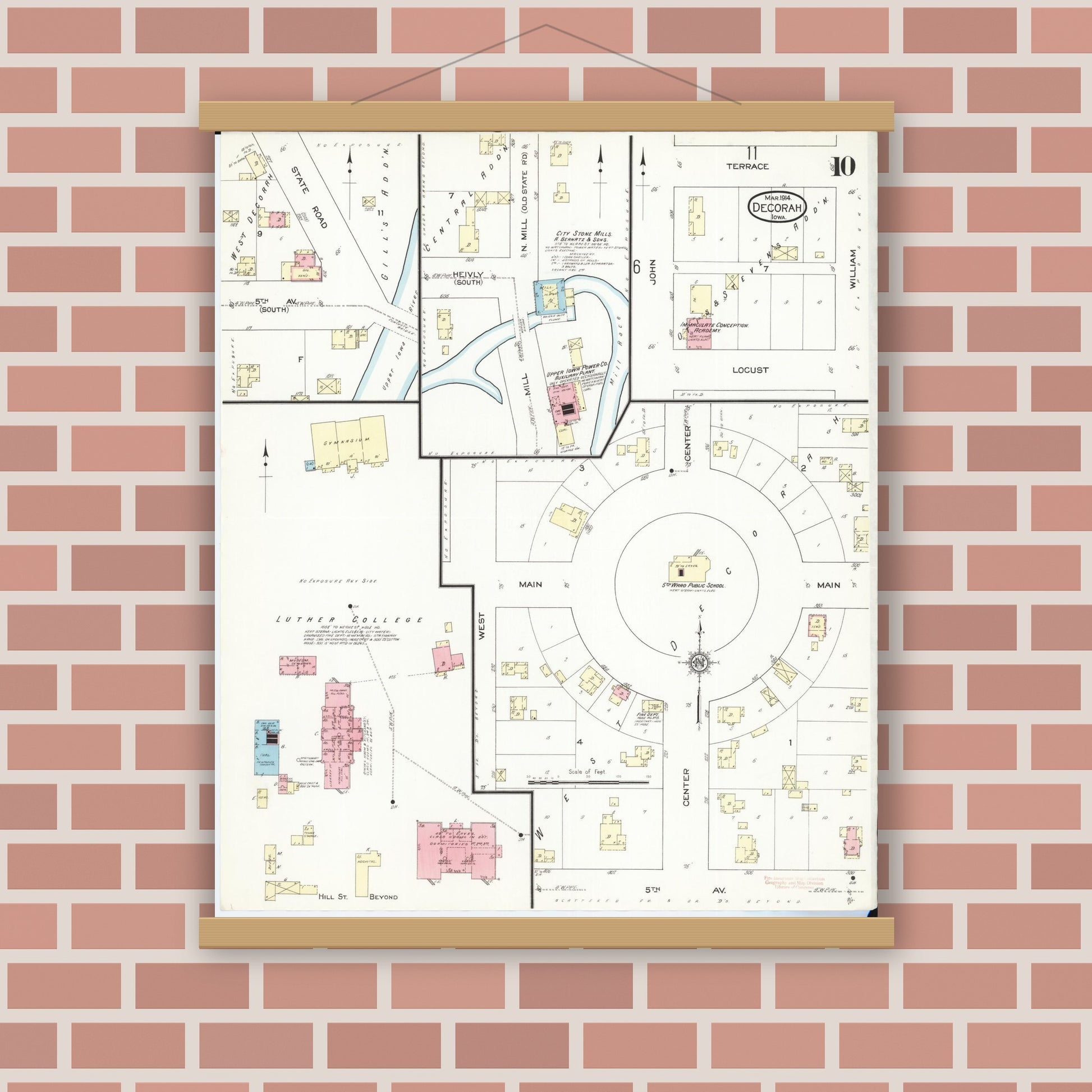 Old map wall art mockup — magnetic wood frame on brick wall — Sanborn Fire Insurance Map from Decorah, Winneshiek County, Iowa (1914), Sheet #0010