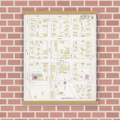 Old map wall art mockup — magnetic wood frame on brick wall — Sanborn Fire Insurance Map from Richland Center, Richland County, Wisconsin (1912), Sheet #0009