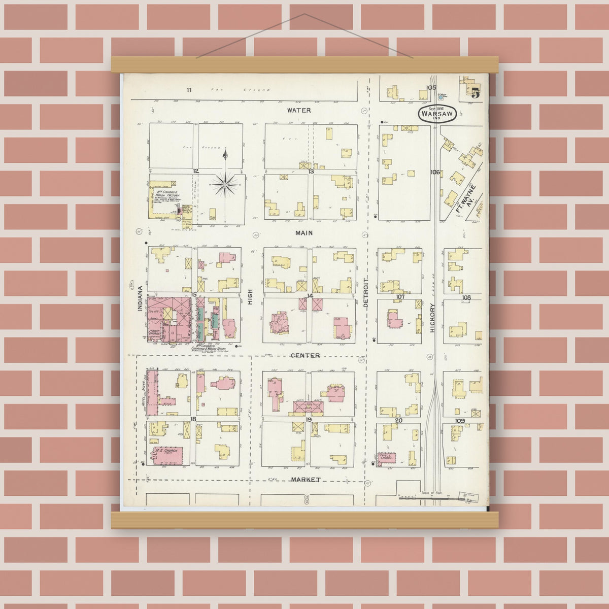 Old map wall art mockup — magnetic wood frame on brick wall — Sanborn Fire Insurance Map from Warsaw, Kosciusko County, Indiana (1892), Sheet #0005