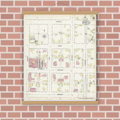 Old map wall art mockup — magnetic wood frame on brick wall — Sanborn Fire Insurance Map from Warsaw, Kosciusko County, Indiana (1892), Sheet #0005
