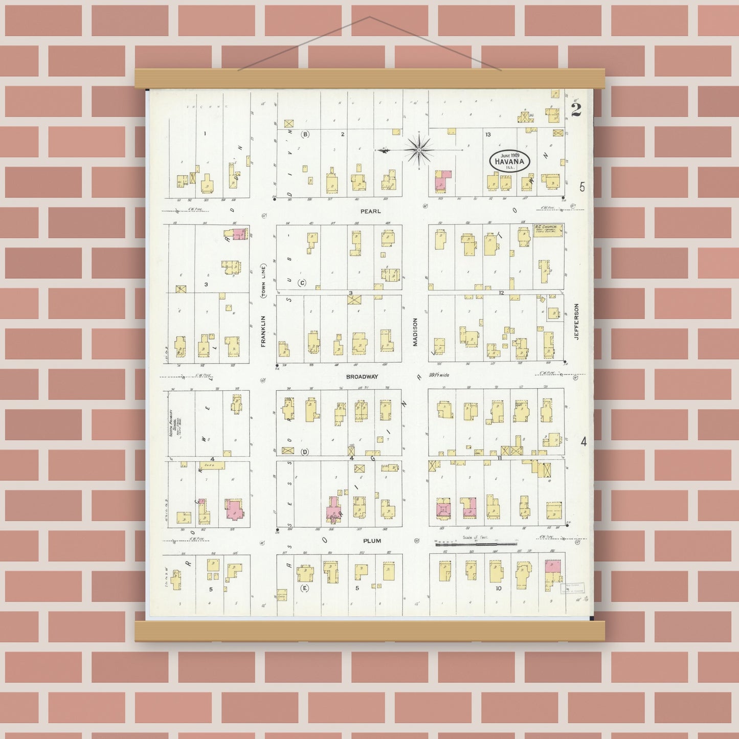 Old map wall art mockup — magnetic wood frame on brick wall — Sanborn Fire Insurance Map from Havana, Mason County, Illinois (1909), Sheet #0002