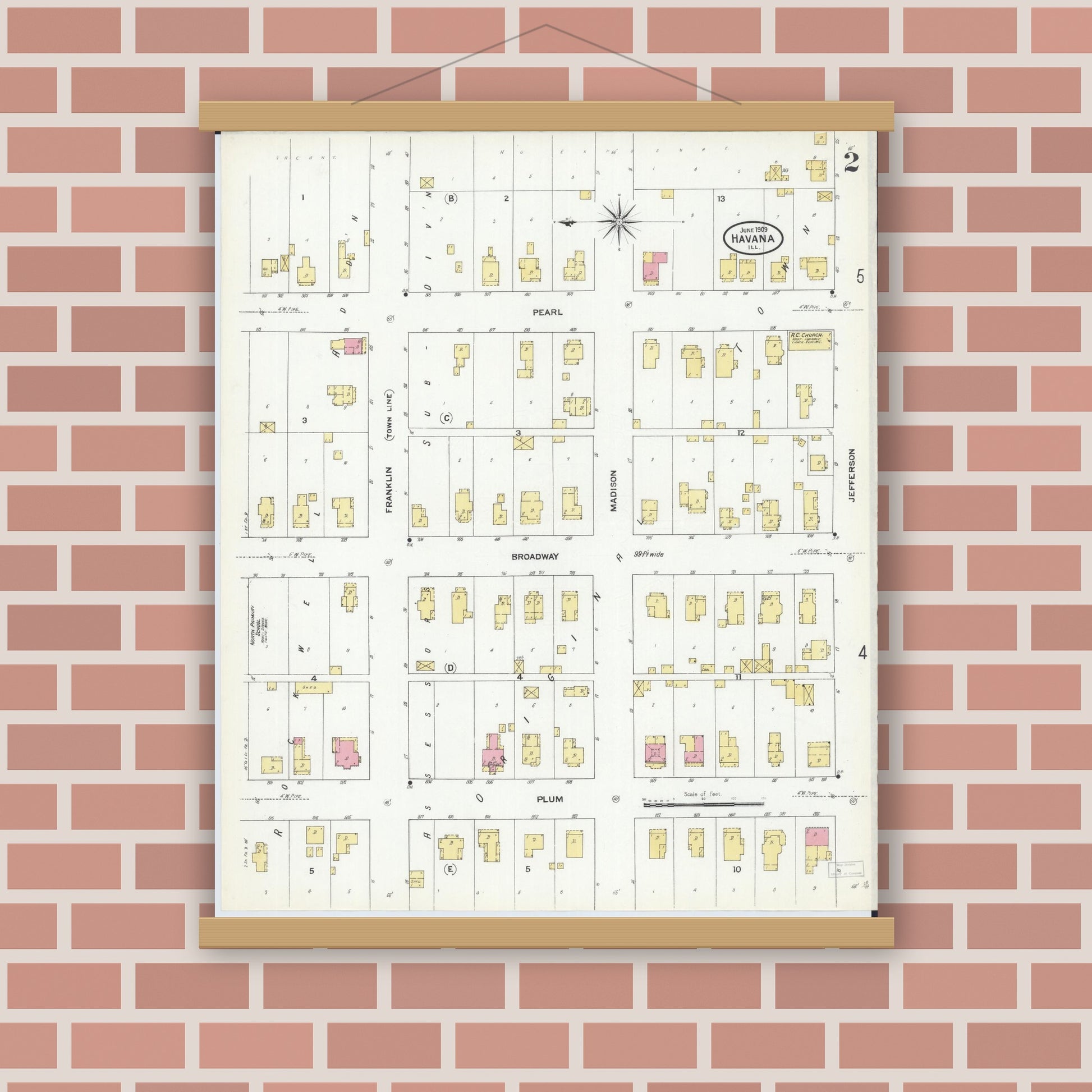 Old map wall art mockup — magnetic wood frame on brick wall — Sanborn Fire Insurance Map from Havana, Mason County, Illinois (1909), Sheet #0002