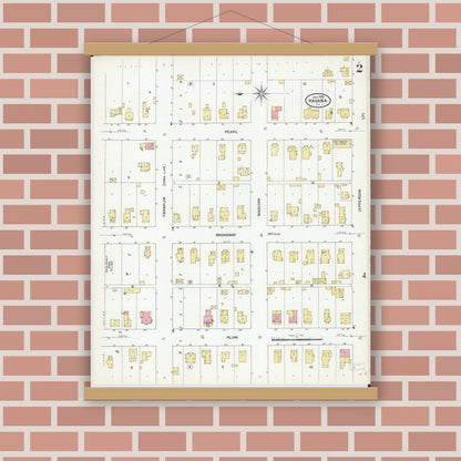 Old map wall art mockup — magnetic wood frame on brick wall — Sanborn Fire Insurance Map from Havana, Mason County, Illinois (1909), Sheet #0002