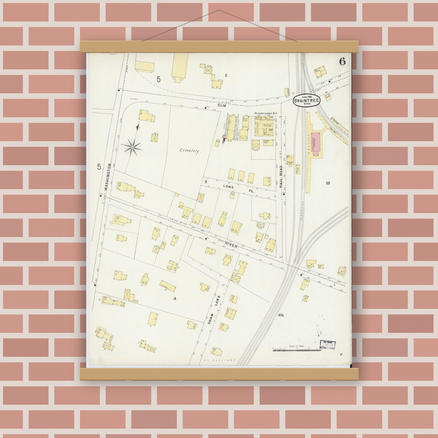 Old map wall art mockup — magnetic wood frame on brick wall — Sanborn Fire Insurance Map from Braintree, Norfolk County, Massachusetts (1896), Sheet #0006