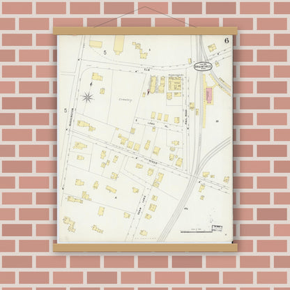 Old map wall art mockup — magnetic wood frame on brick wall — Sanborn Fire Insurance Map from Braintree, Norfolk County, Massachusetts (1896), Sheet #0006