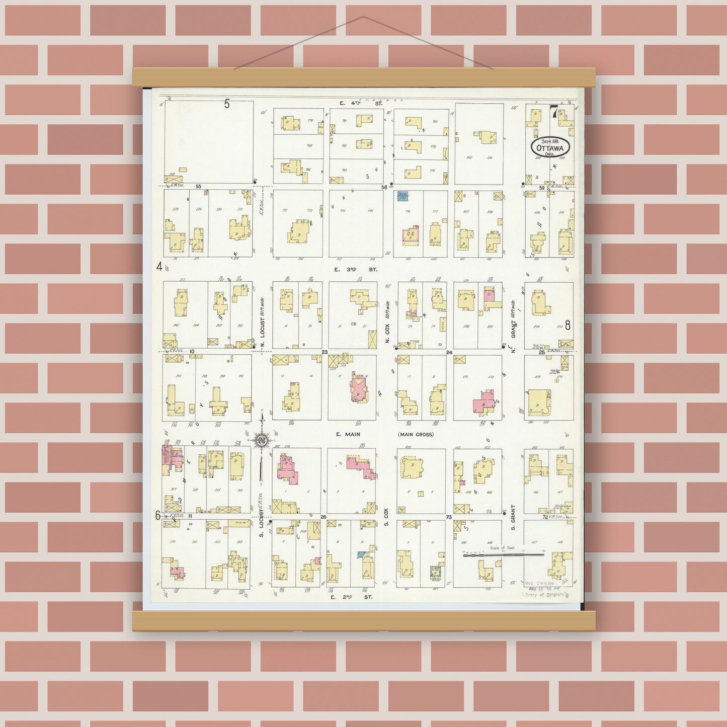 Old map wall art mockup — magnetic wood frame on brick wall — Sanborn Fire Insurance Map from Ottawa, Putnam County, Ohio (1911), Sheet #0007