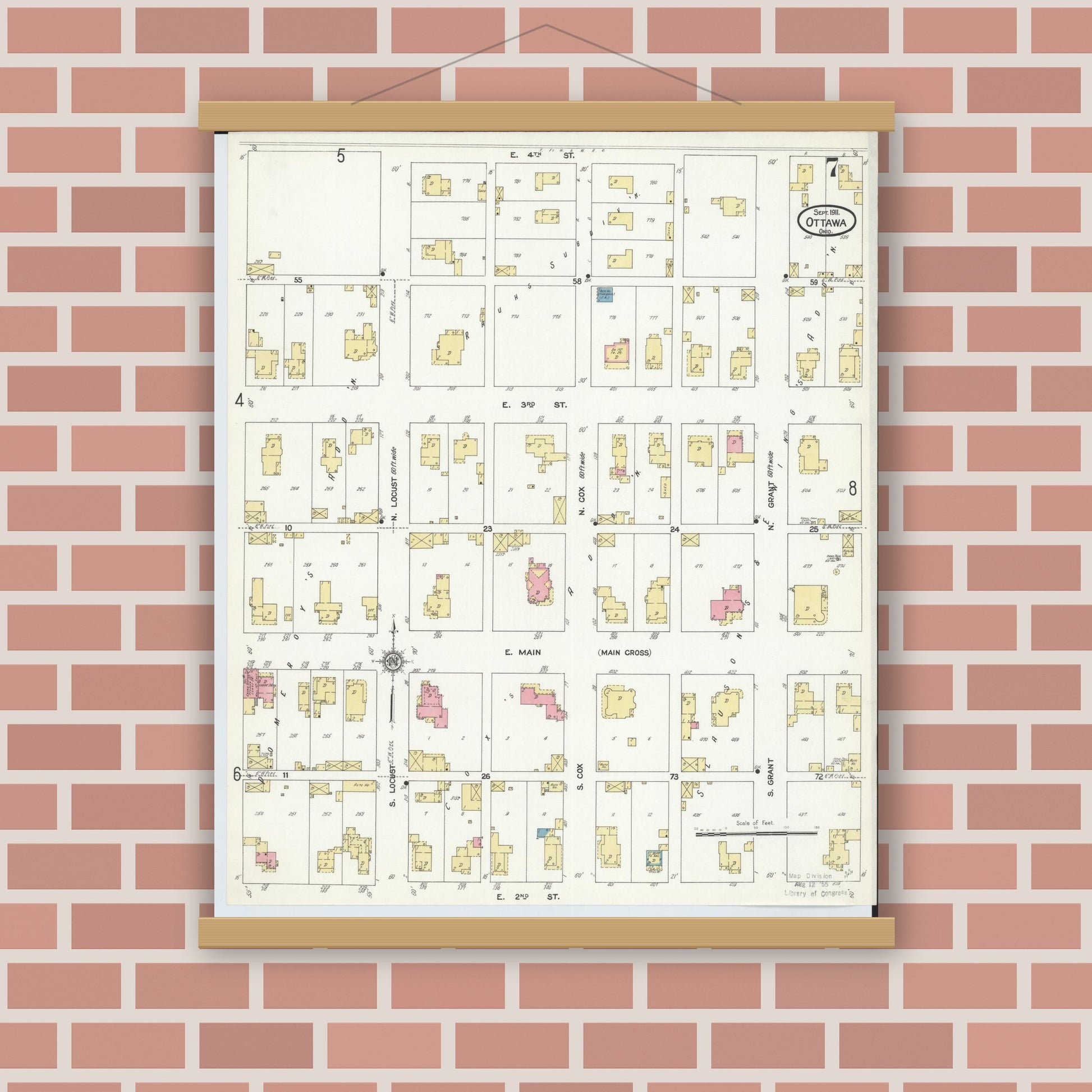 Old map wall art mockup — magnetic wood frame on brick wall — Sanborn Fire Insurance Map from Ottawa, Putnam County, Ohio (1911), Sheet #0007