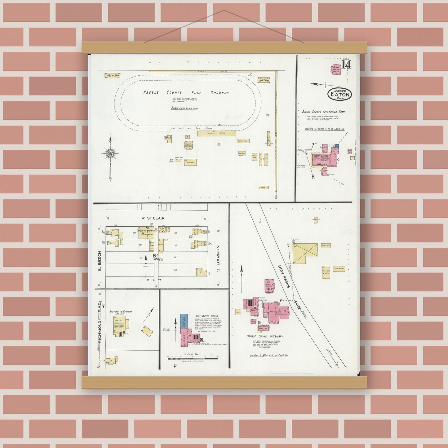 Old map wall art mockup — magnetic wood frame on brick wall — Sanborn Fire Insurance Map from Eaton, Preble County, Ohio (1921), Sheet #0014