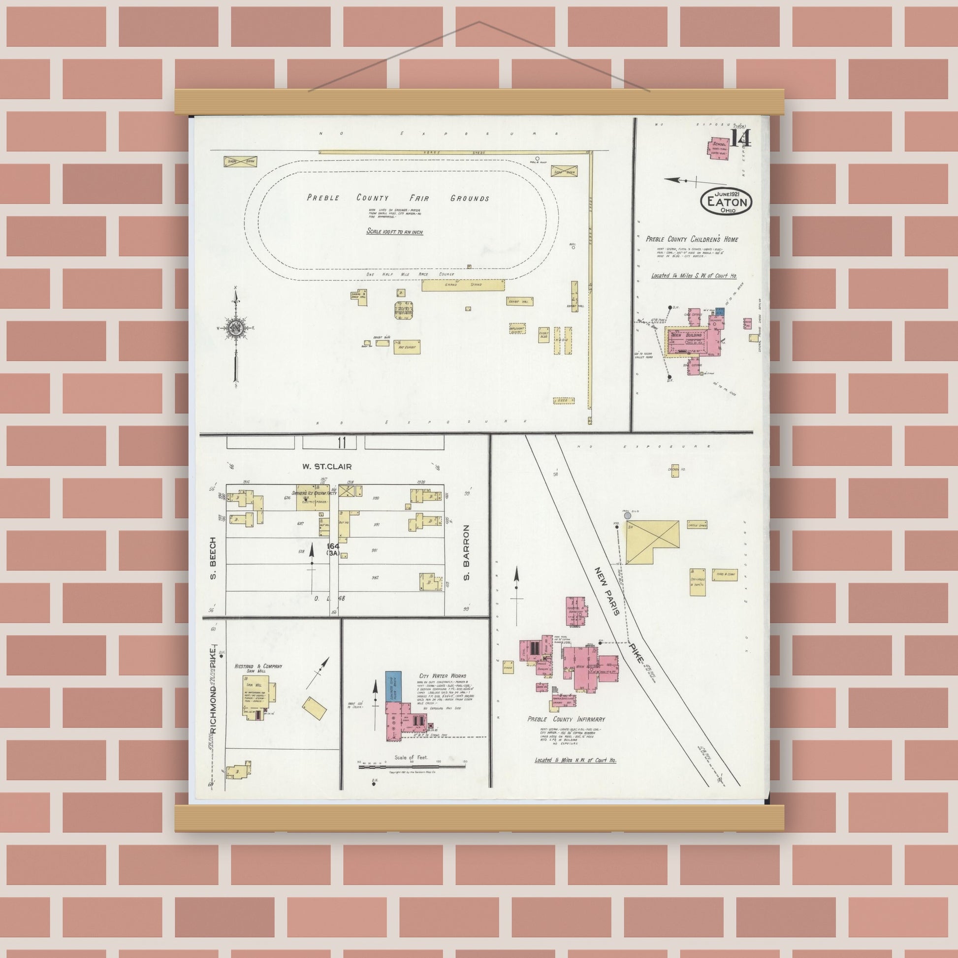 Old map wall art mockup — magnetic wood frame on brick wall — Sanborn Fire Insurance Map from Eaton, Preble County, Ohio (1921), Sheet #0014