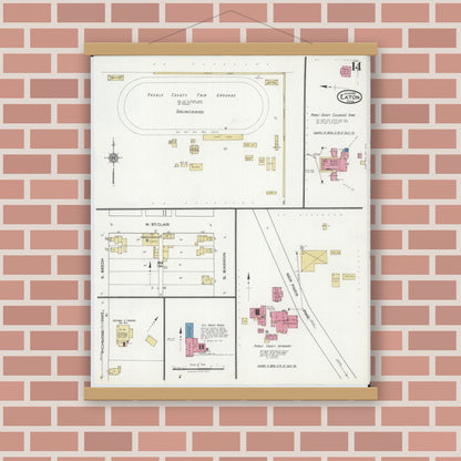 Old map wall art mockup — magnetic wood frame on brick wall — Sanborn Fire Insurance Map from Eaton, Preble County, Ohio (1921), Sheet #0014