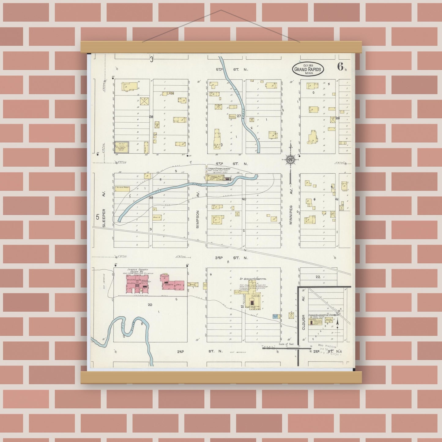 Old map wall art mockup — magnetic wood frame on brick wall — Sanborn Fire Insurance Map from Grand Rapids, Itasca County, Minnesota (1913), Sheet #0006