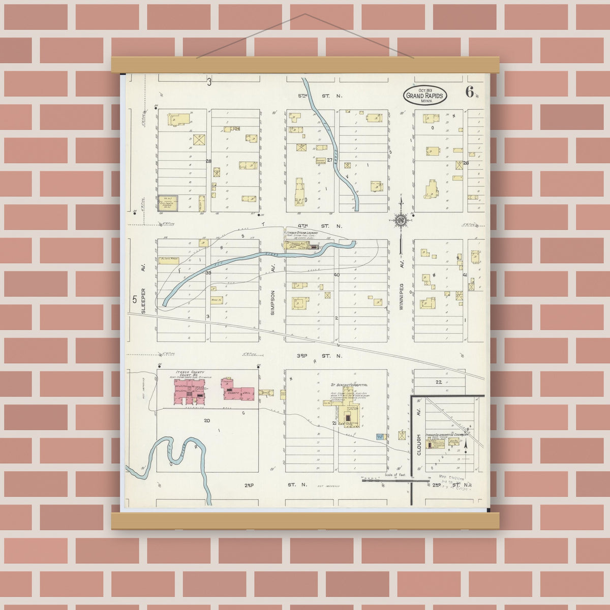 Old map wall art mockup — magnetic wood frame on brick wall — Sanborn Fire Insurance Map from Grand Rapids, Itasca County, Minnesota (1913), Sheet #0006