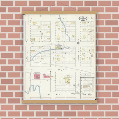 Old map wall art mockup — magnetic wood frame on brick wall — Sanborn Fire Insurance Map from Grand Rapids, Itasca County, Minnesota (1913), Sheet #0006