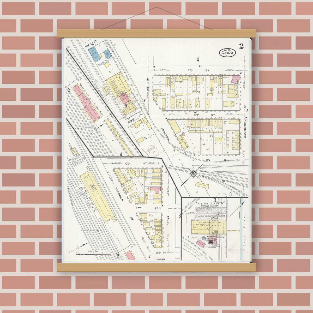 Old map wall art mockup — magnetic wood frame on brick wall — Sanborn Fire Insurance Map from Cairo, Alexander County, Illinois (1914), Sheet #0002