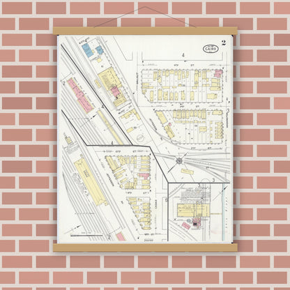 Old map wall art mockup — magnetic wood frame on brick wall — Sanborn Fire Insurance Map from Cairo, Alexander County, Illinois (1914), Sheet #0002