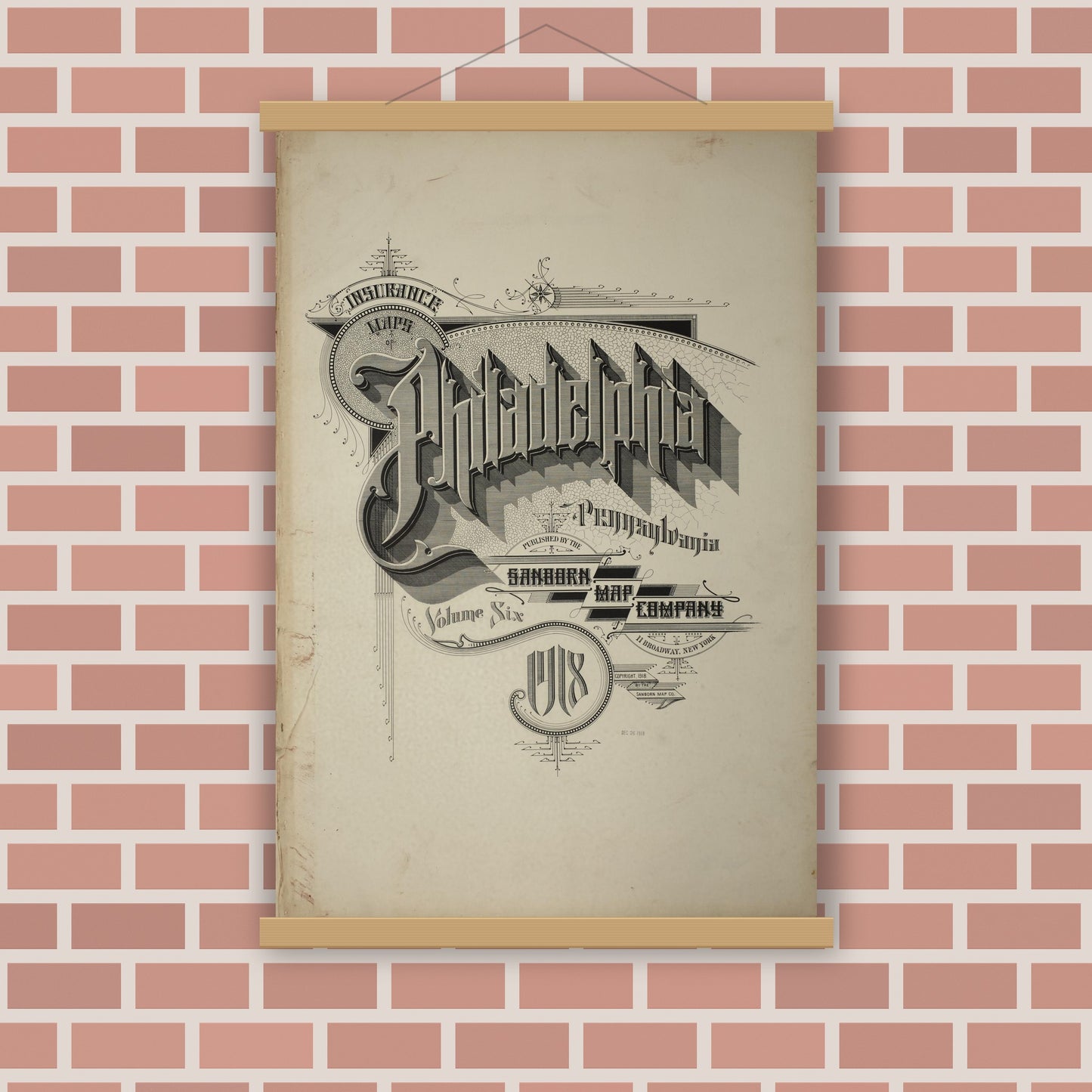 Old map wall art mockup — magnetic wood frame on brick wall — Sanborn Fire Insurance Map from Philadelphia, Philadelphia County, Pennsylvania (1918), Sheet #0001