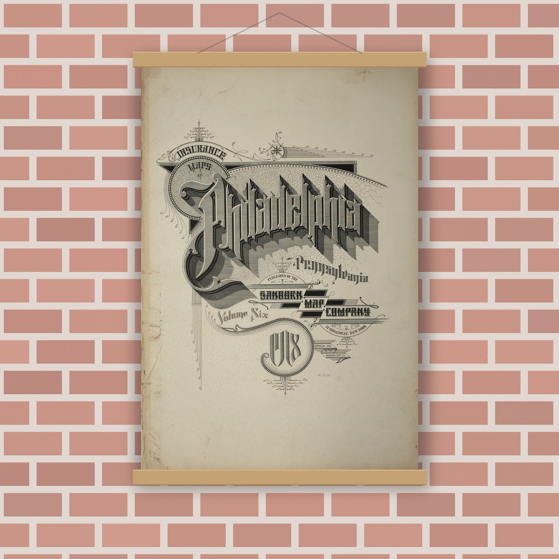 Old map wall art mockup — magnetic wood frame on brick wall — Sanborn Fire Insurance Map from Philadelphia, Philadelphia County, Pennsylvania (1918), Sheet #0001