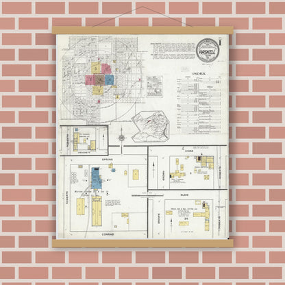 Old map wall art mockup — magnetic wood frame on brick wall — Sanborn Fire Insurance Map from Haskell, Haskell County, Texas (1921), Sheet #0001