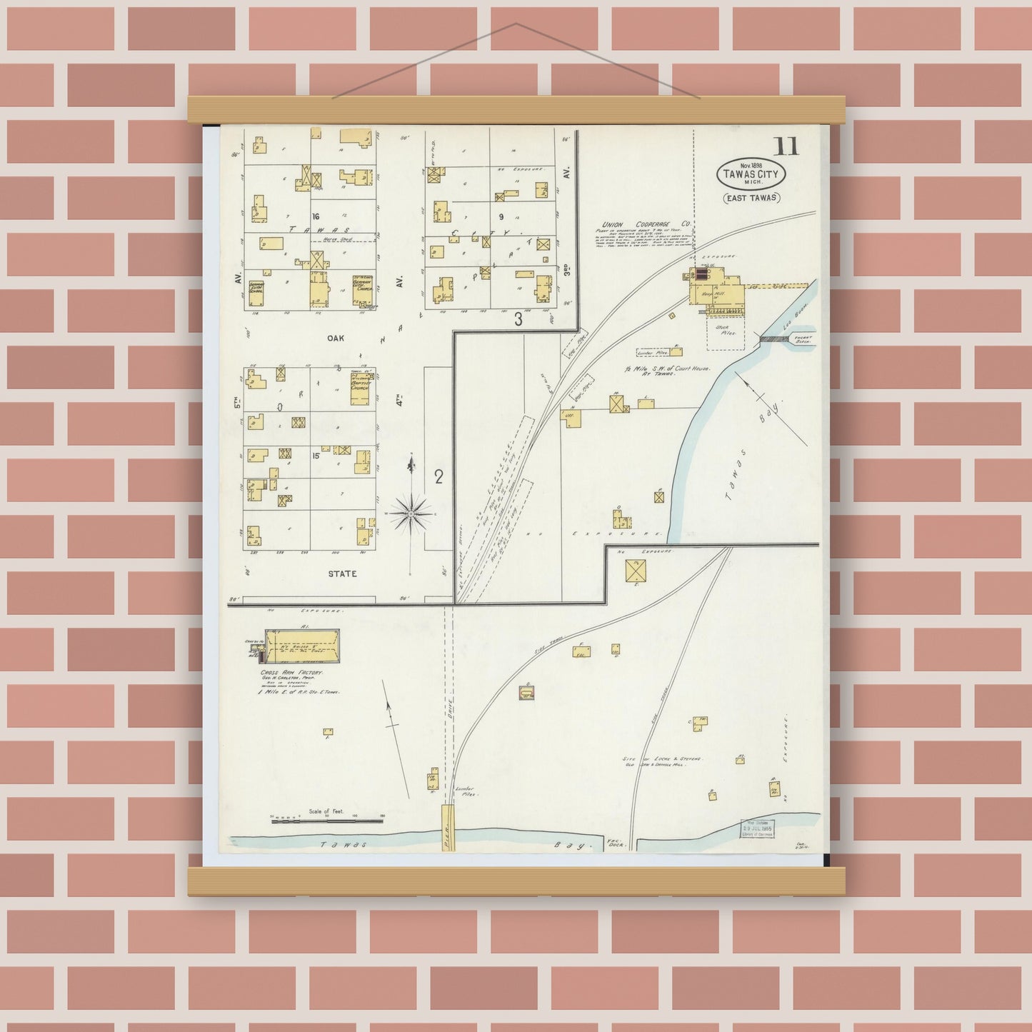 Old map wall art mockup — magnetic wood frame on brick wall — Sanborn Fire Insurance Map from East Tawas, Iosco County, Michigan (1898), Sheet #0011