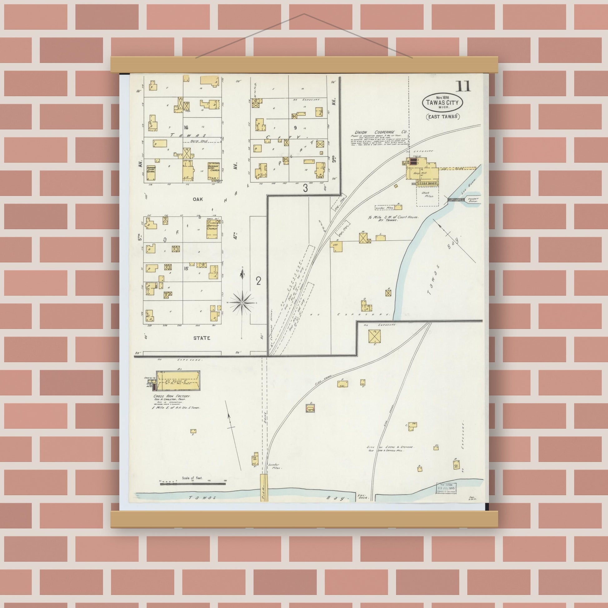 Old map wall art mockup — magnetic wood frame on brick wall — Sanborn Fire Insurance Map from East Tawas, Iosco County, Michigan (1898), Sheet #0011