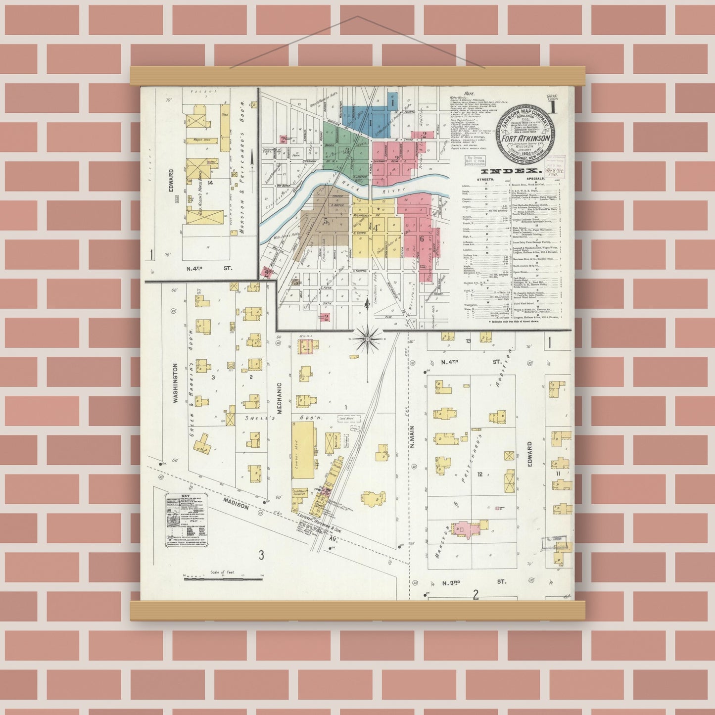 Old map wall art mockup — magnetic wood frame on brick wall — Sanborn Fire Insurance Map from Fort Atkinson, Jefferson County, Wisconsin (1904) - Complete Map Set