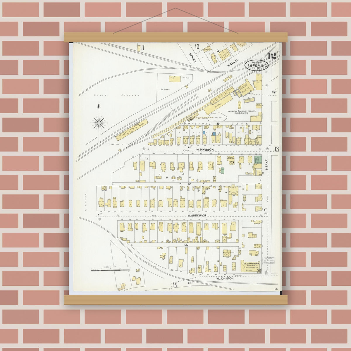 Old map wall art mockup — magnetic wood frame on brick wall — Sanborn Fire Insurance Map from Ishpeming, Marquette County, Michigan (1904), Sheet #0012