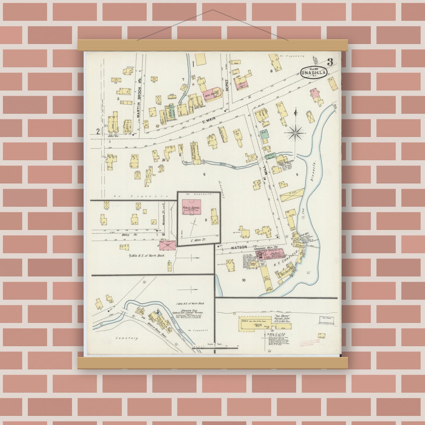 Old map wall art mockup — magnetic wood frame on brick wall — Sanborn Fire Insurance Map from Unadilla, Otsego County, New York (1897), Sheet #0003