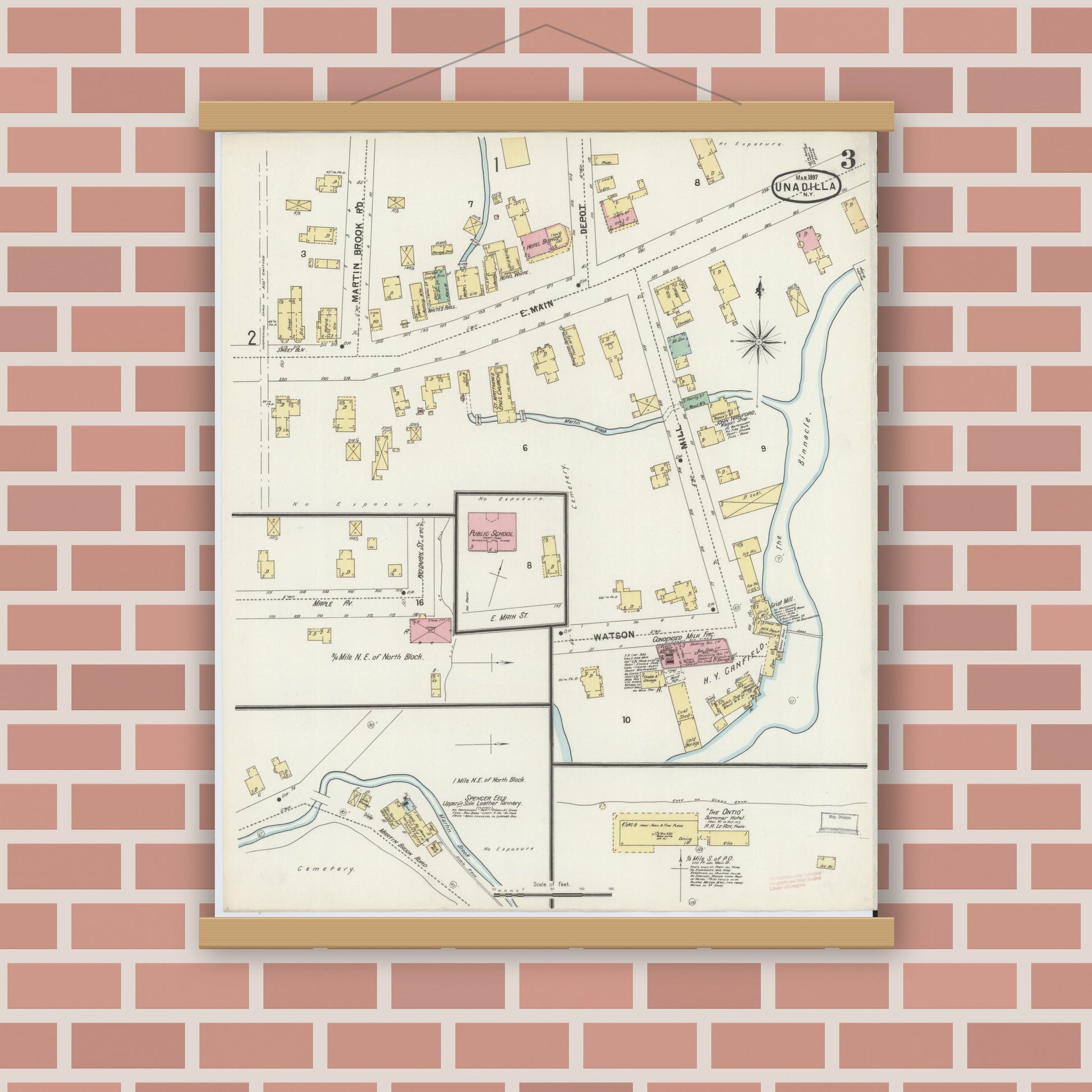 Old map wall art mockup — magnetic wood frame on brick wall — Sanborn Fire Insurance Map from Unadilla, Otsego County, New York (1897), Sheet #0003