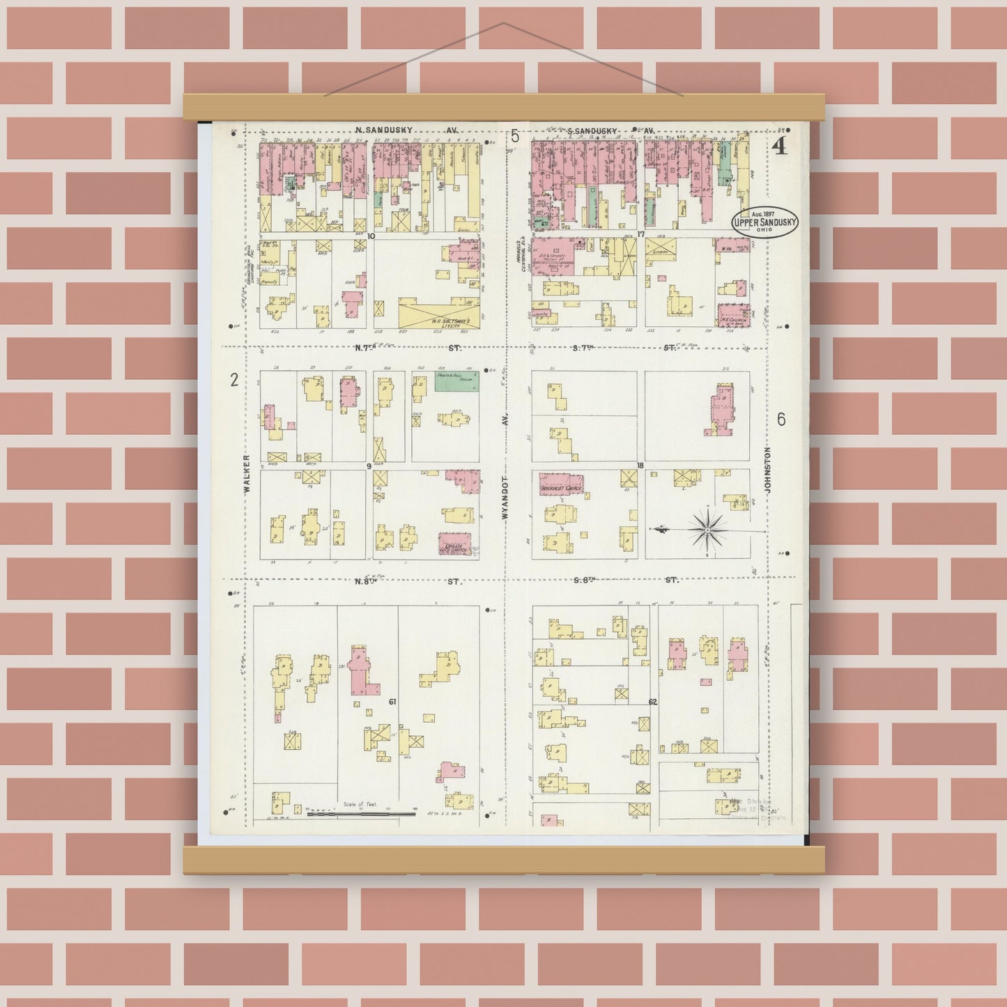 Old map wall art mockup — magnetic wood frame on brick wall — Sanborn Fire Insurance Map from Upper Sandusky, Wyandot County, Ohio (1897), Sheet #0004