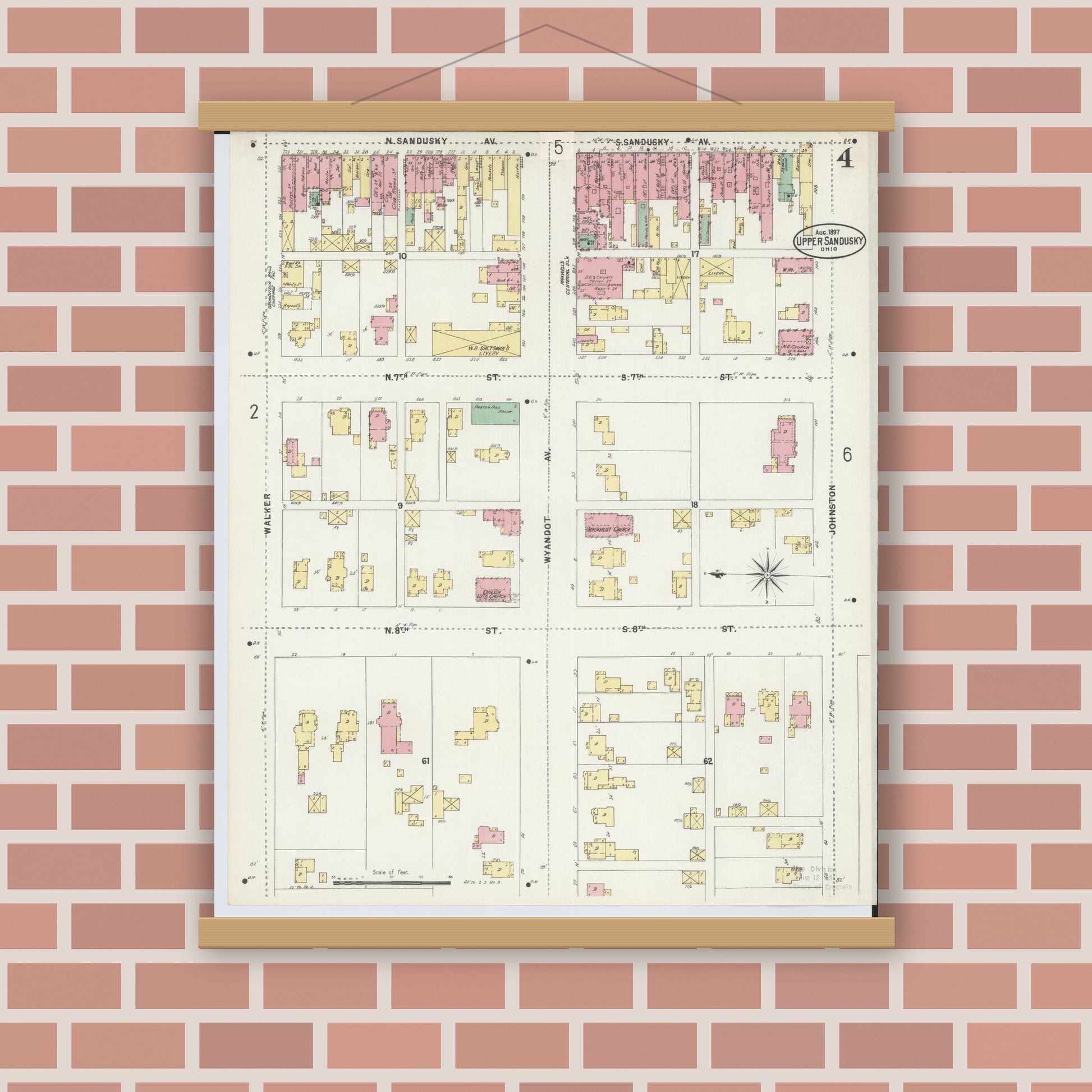 Old map wall art mockup — magnetic wood frame on brick wall — Sanborn Fire Insurance Map from Upper Sandusky, Wyandot County, Ohio (1897), Sheet #0004