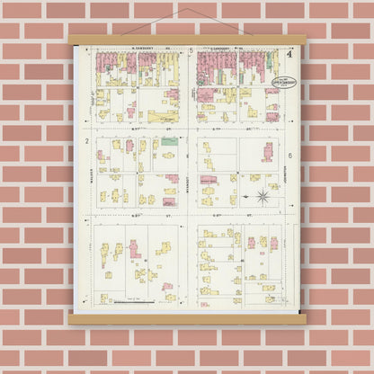 Old map wall art mockup — magnetic wood frame on brick wall — Sanborn Fire Insurance Map from Upper Sandusky, Wyandot County, Ohio (1897), Sheet #0004