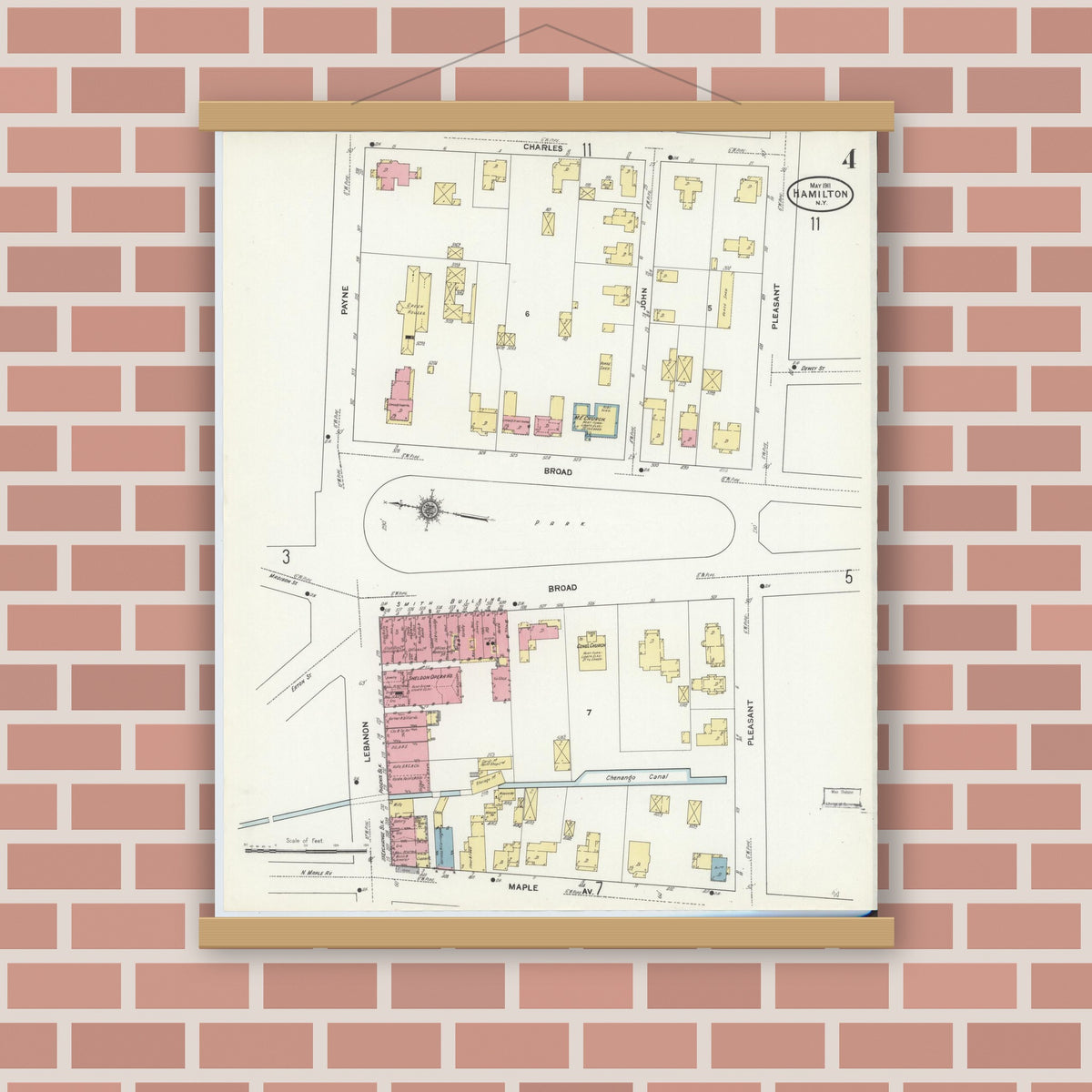 Old map wall art mockup — magnetic wood frame on brick wall — Sanborn Fire Insurance Map from Hamilton, Madison County, New York (1911), Sheet #0004