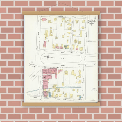 Old map wall art mockup — magnetic wood frame on brick wall — Sanborn Fire Insurance Map from Hamilton, Madison County, New York (1911), Sheet #0004