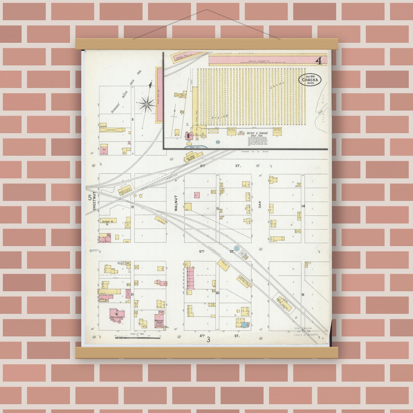 Old map wall art mockup — magnetic wood frame on brick wall — Sanborn Fire Insurance Map from Chaska, Carver County, Minnesota (1899), Sheet #0004