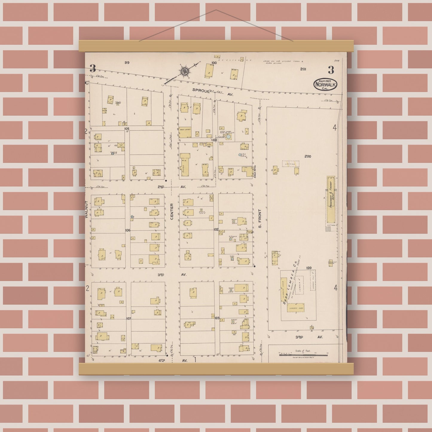 Old map wall art mockup — magnetic wood frame on brick wall — Sanborn Fire Insurance Map from Norwalk, Los Angeles County, California (1922), Sheet #0003