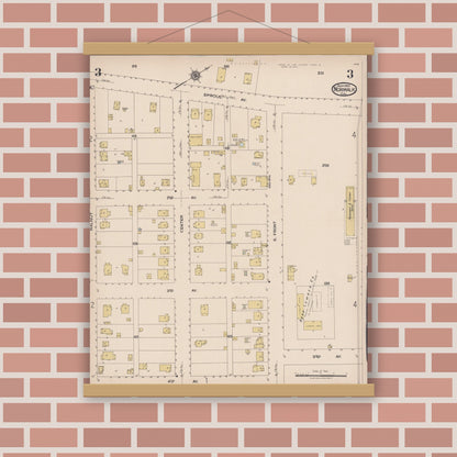 Old map wall art mockup — magnetic wood frame on brick wall — Sanborn Fire Insurance Map from Norwalk, Los Angeles County, California (1922), Sheet #0003