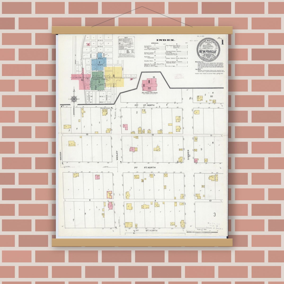 Old map wall art mockup — magnetic wood frame on brick wall — Sanborn Fire Insurance Map from New Prague, Scott And Le Sueur, Minnesota (1910) - Complete Map Set