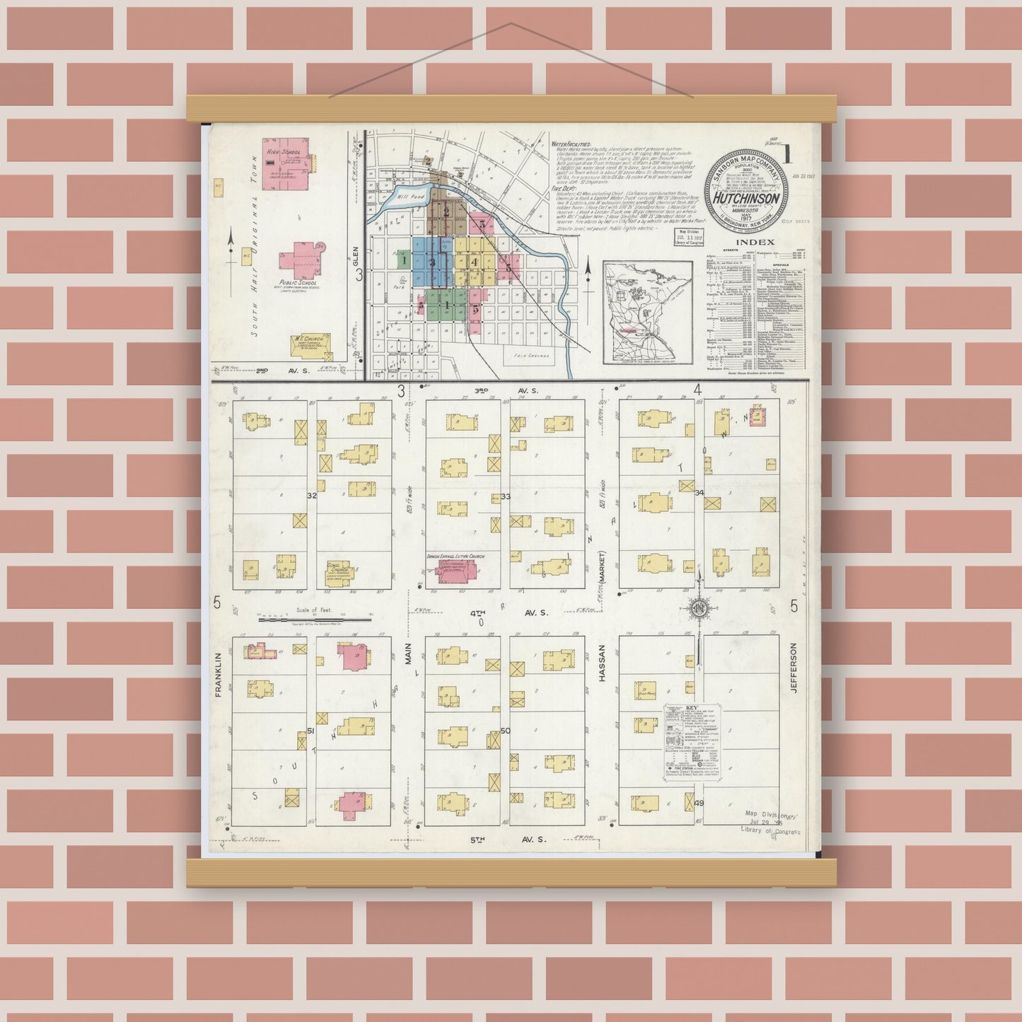 Old map wall art mockup — magnetic wood frame on brick wall — Sanborn Fire Insurance Map from Hutchinson, Mcleod County, Minnesota (1917) - Complete Map Set