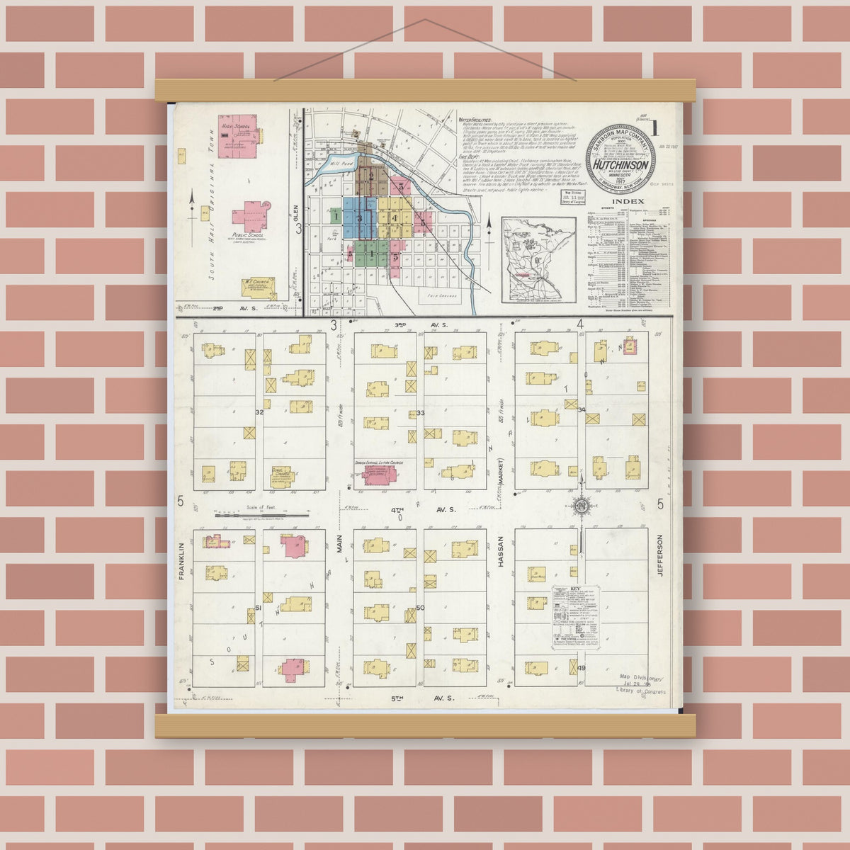 Old map wall art mockup — magnetic wood frame on brick wall — Sanborn Fire Insurance Map from Hutchinson, Mcleod County, Minnesota (1917) - Complete Map Set