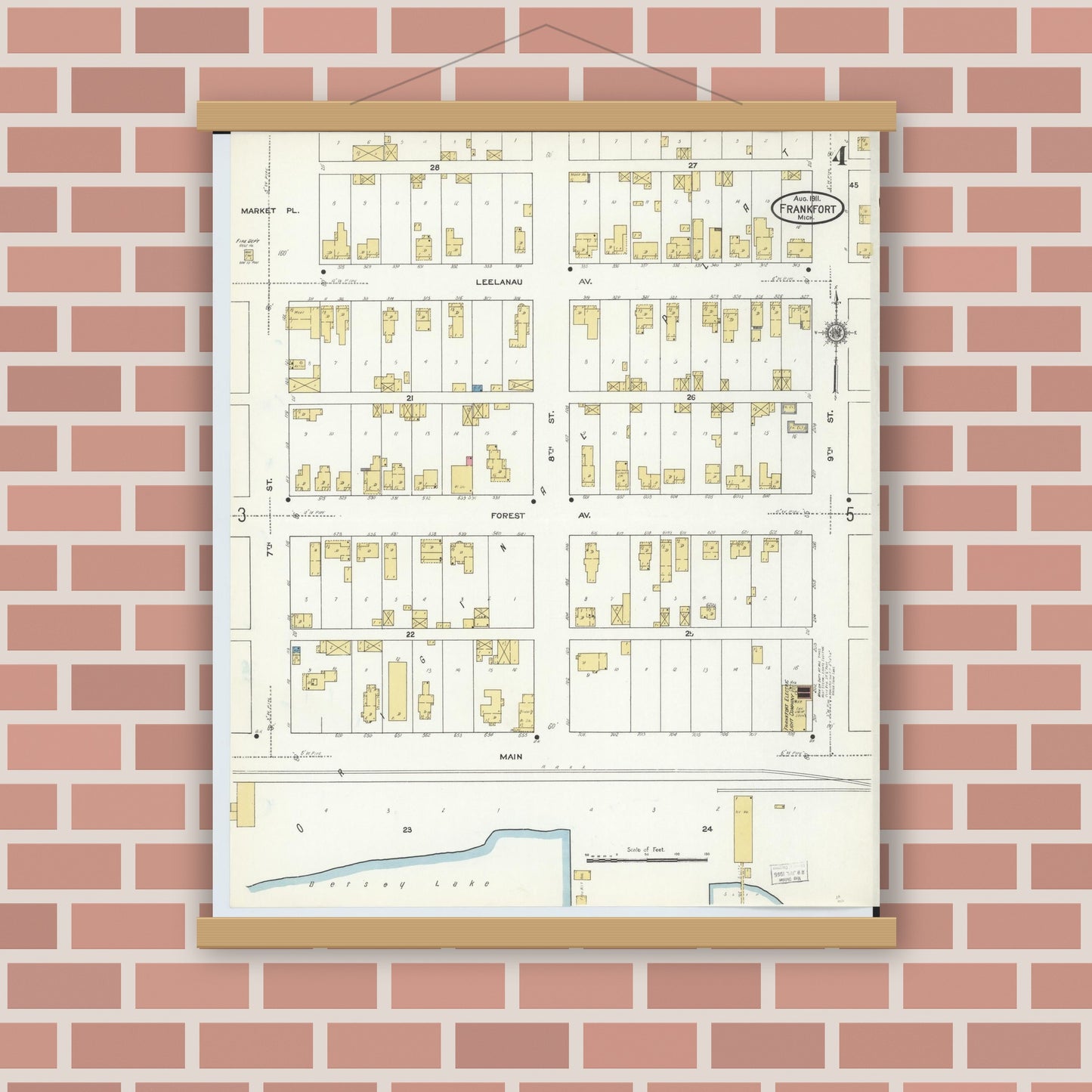 Old map wall art mockup — magnetic wood frame on brick wall — Sanborn Fire Insurance Map from Frankfort, Benzie County, Michigan (1911), Sheet #0004