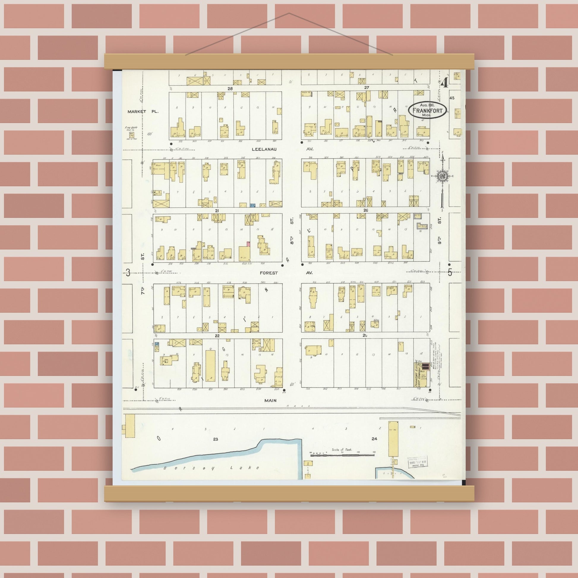 Old map wall art mockup — magnetic wood frame on brick wall — Sanborn Fire Insurance Map from Frankfort, Benzie County, Michigan (1911), Sheet #0004