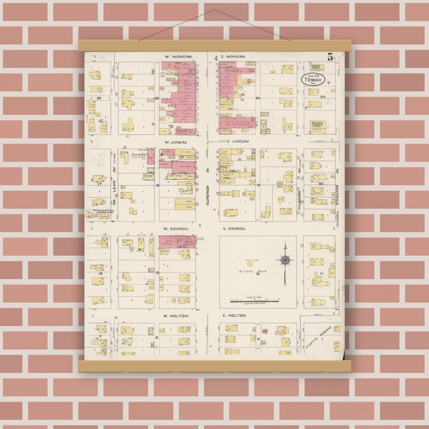 Old map wall art mockup — magnetic wood frame on brick wall — Sanborn Fire Insurance Map from Tomah, Monroe County, Wisconsin (1922), Sheet #0005