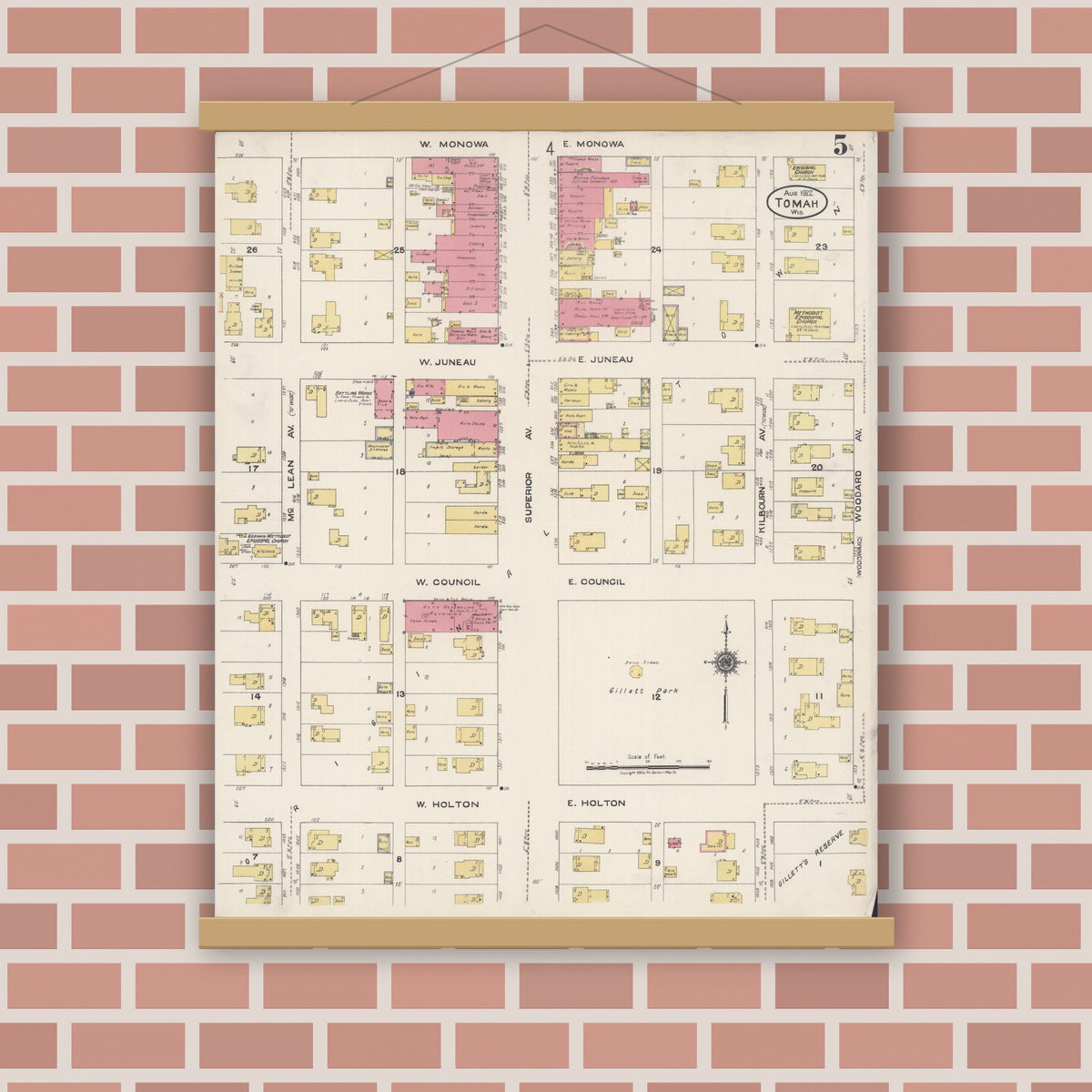 Old map wall art mockup — magnetic wood frame on brick wall — Sanborn Fire Insurance Map from Tomah, Monroe County, Wisconsin (1922), Sheet #0005