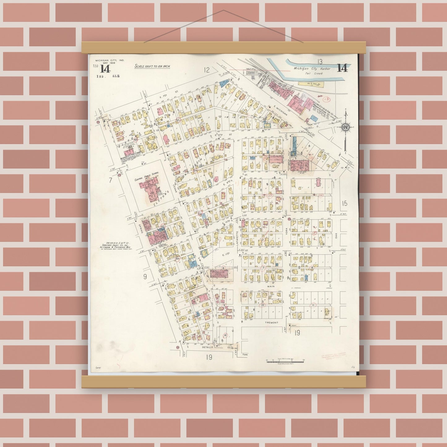 Old map wall art mockup — magnetic wood frame on brick wall — Sanborn Fire Insurance Map from Michigan City, La Porte County, Indiana (1948), Sheet #0014