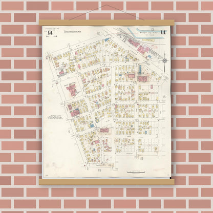 Old map wall art mockup — magnetic wood frame on brick wall — Sanborn Fire Insurance Map from Michigan City, La Porte County, Indiana (1948), Sheet #0014