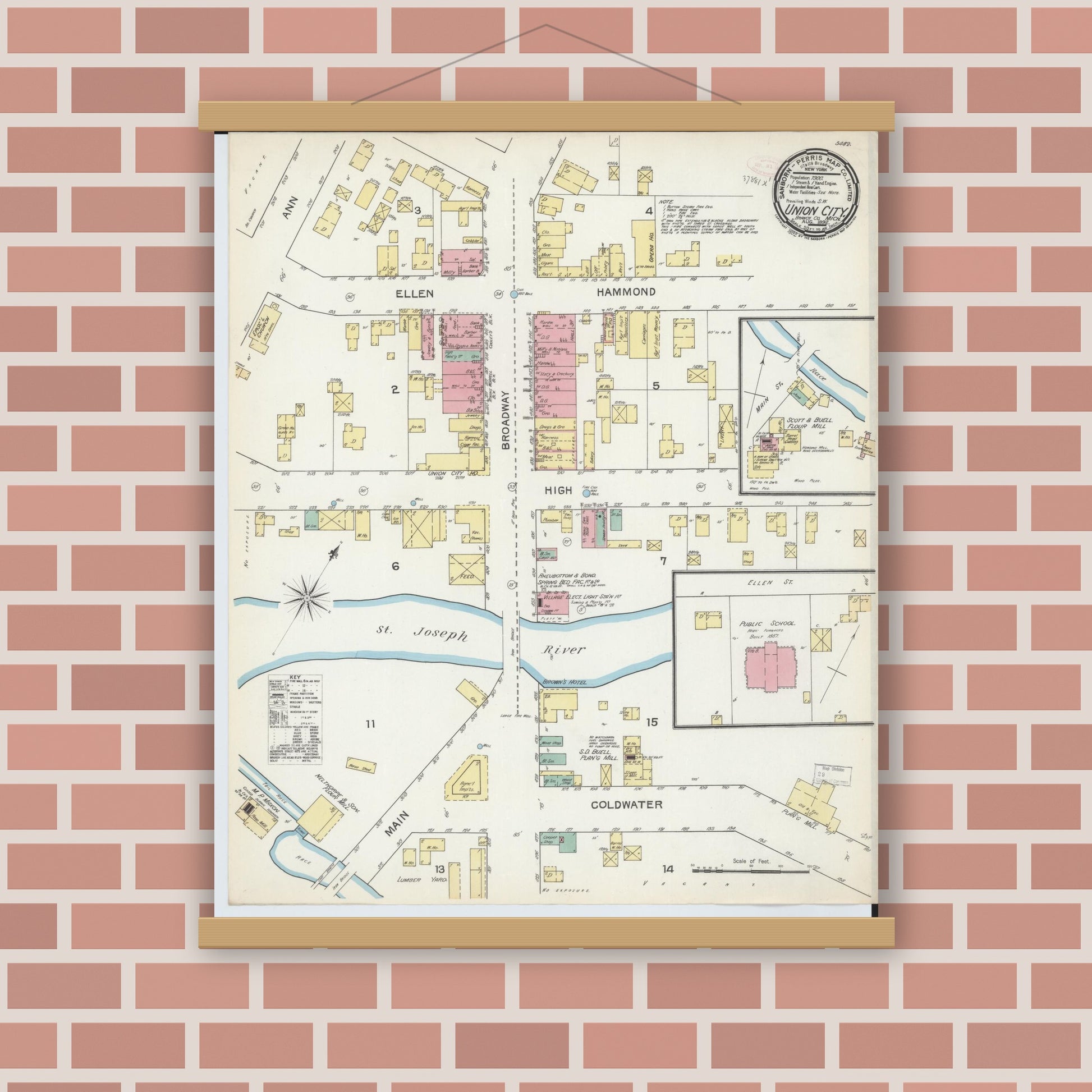 Old map wall art mockup — magnetic wood frame on brick wall — Sanborn Fire Insurance Map from Union City, Branch And Calhoun Counties, Michigan (1892), Sheet #0001